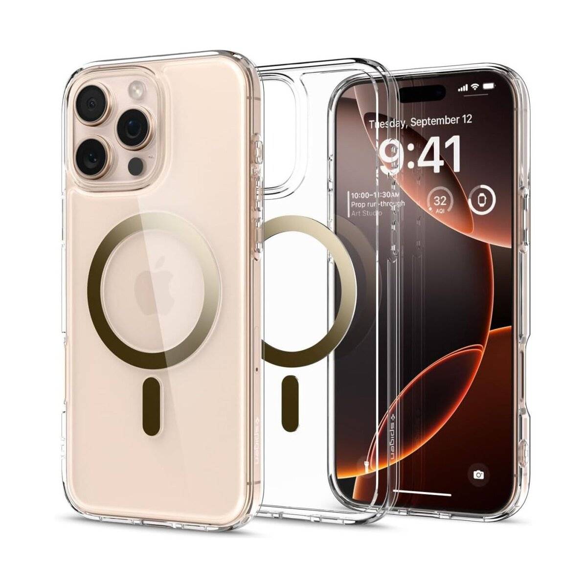 Eine durchsichtige Handyhülle präsentiert ein iPhone mit sichtbarem Apple-Logo und Kamera, die die Uhrzeit „9:41