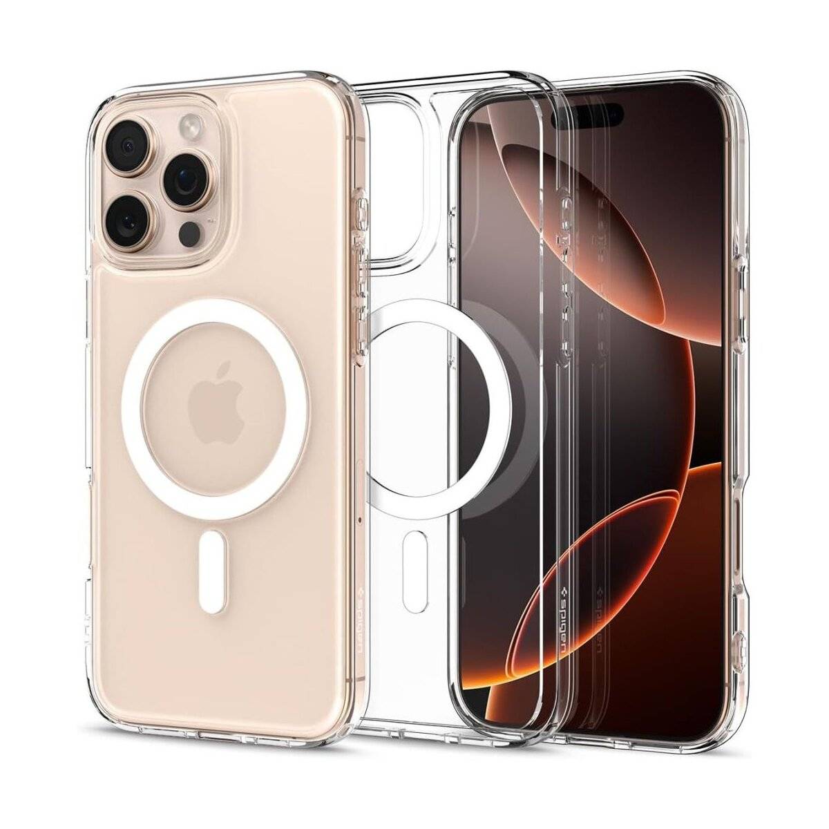 Eine transparente Handyhülle mit einem kreisförmigen Design zeigt die dreifachen Rückfahrkameras des Geräts und den Bildschirm mit einem abstrakten rot-schwarzen Muster.