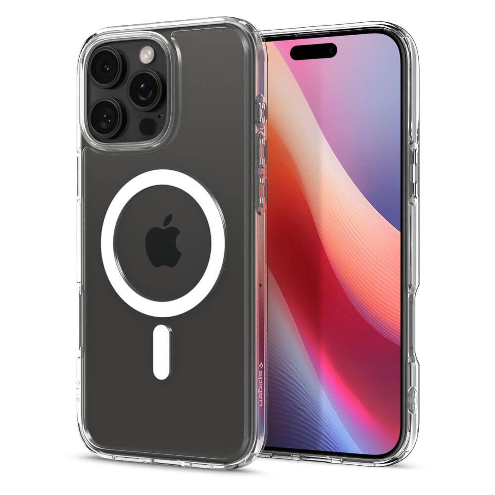 Ein Smartphone mit farbenfrohem Bildschirmdisplay neben einer transparenten Handyhülle, die ein weißes kreisförmiges Magnetringdesign zeigt.