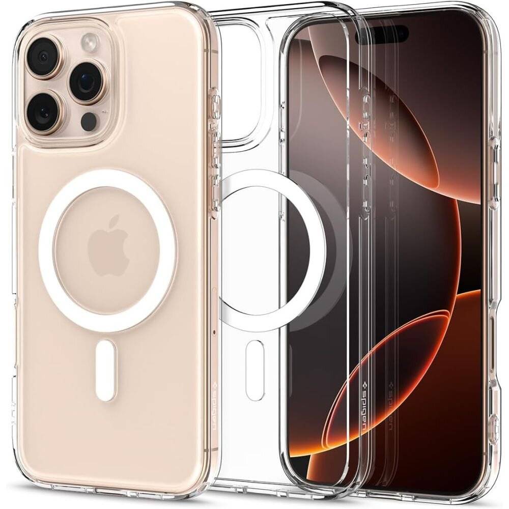Zwei Smartphones in durchsichtigen Hüllen, die die Rück- und Vorderseite zeigen. Die Rückseite hat ein kreisförmiges Design, wahrscheinlich für MagSafe-Zubehör.