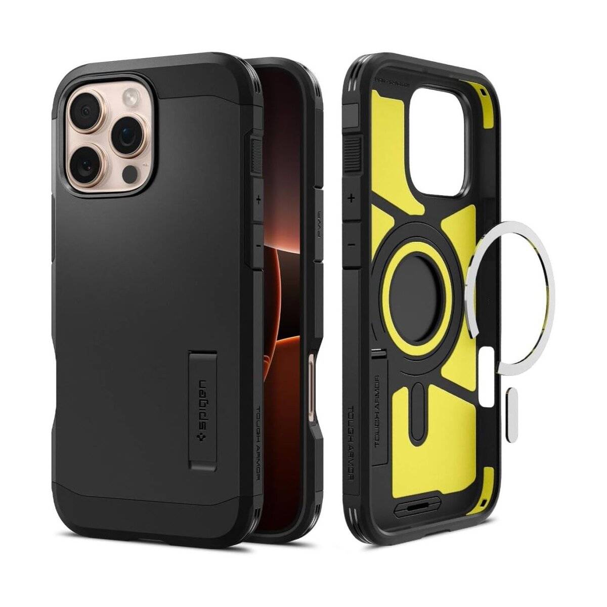 Ein schwarzes Handyhülle mit robustem Design, das doppellagigen Schutz und magnetischen Ring zeigt, dargestellt in Vorder- und Rückansicht.