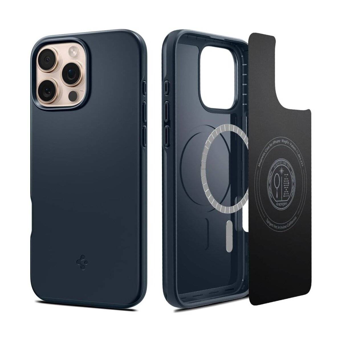 Blaue Smartphone-Hülle mit MagSafe-Kompatibilität, zeigt Vorder-, Rück- und Innenschlitzansicht. Entwickelt für optimalen Schutz.
