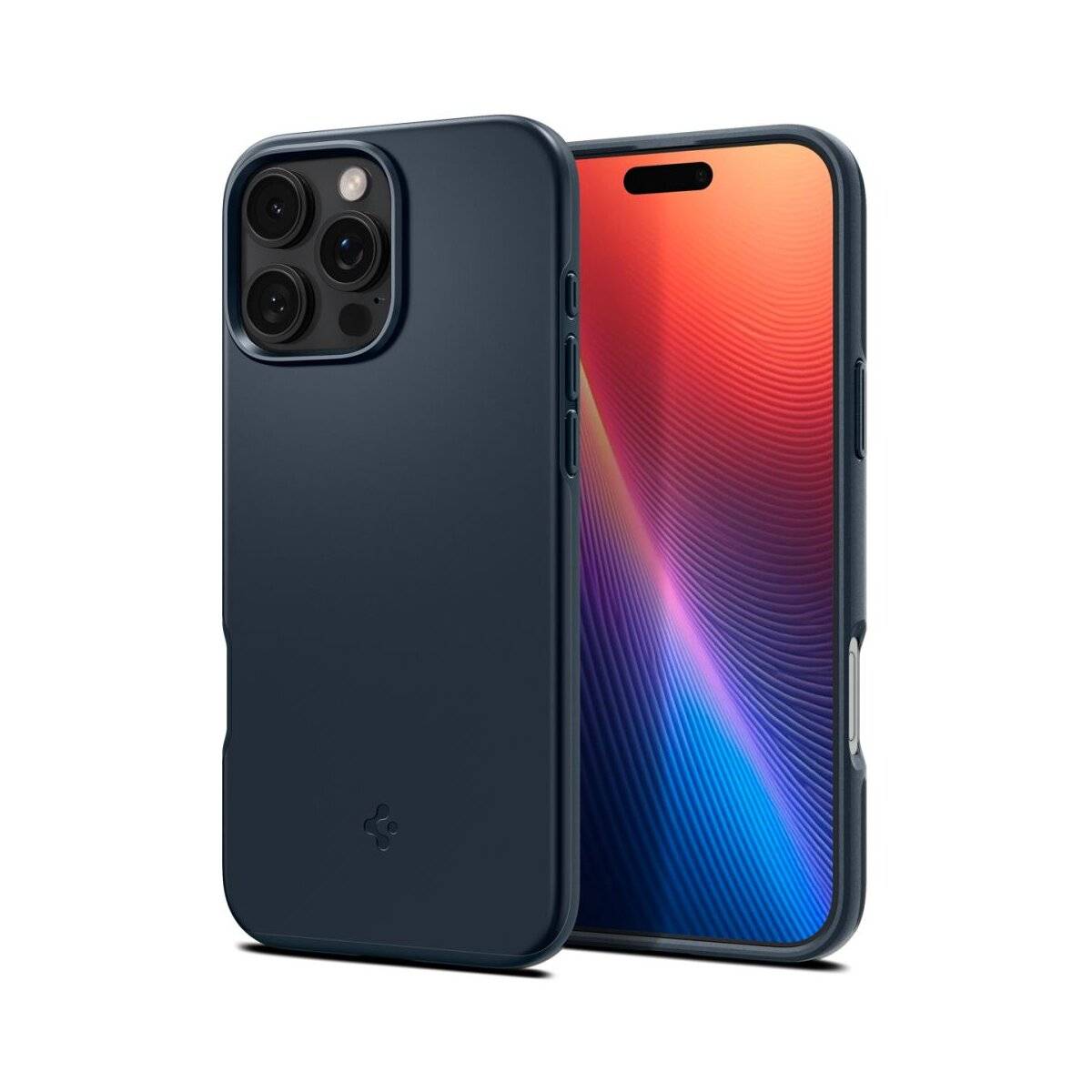 Ein Smartphone mit dunklem Gehäuse und drei Kameraobjektiven wird von vorne und von hinten angezeigt und zeigt ein farbenfrohes Bildschirmdesign.