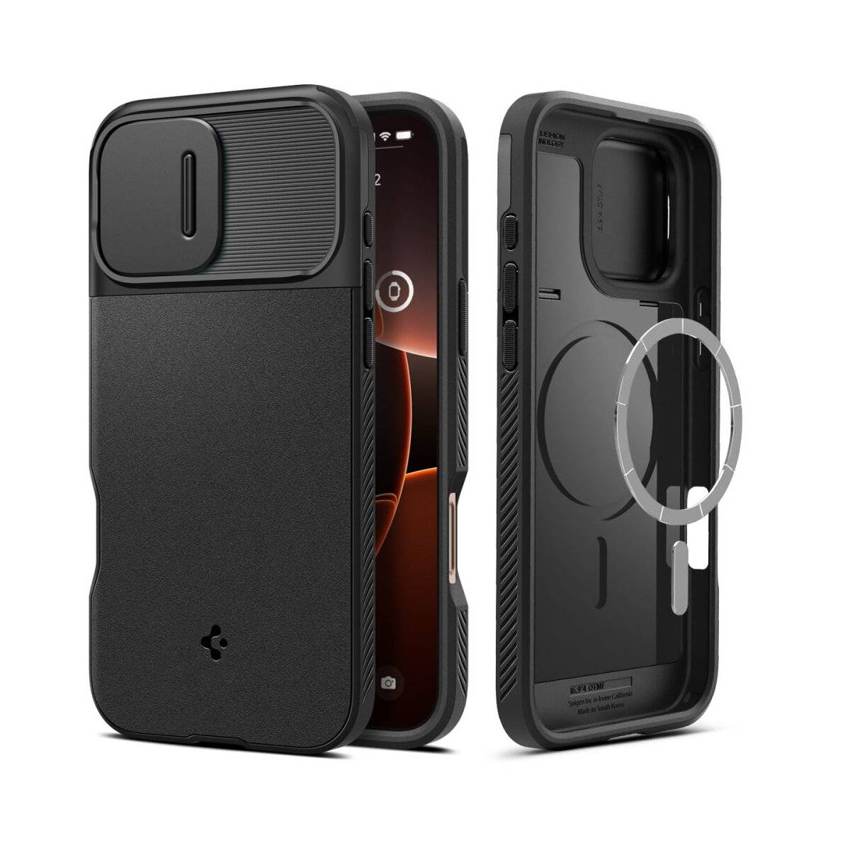 Eine Handyhülle mit Kameroschutz, von vorne und hinten gezeigt. Die Vorderansicht zeigt eine Schiebehülle über dem Kamerabereich. Die Hülle ist schwarz mit einer strukturierten Griffoberfläche.