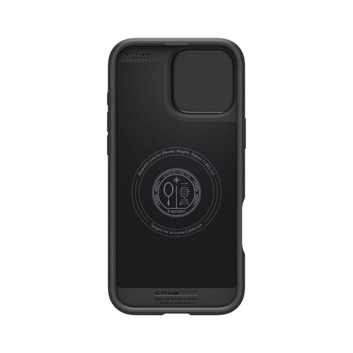 Eine schwarze Handyhülle mit MagSafe-kompatiblem Ringdesign, maßgeschneidert für ein iPhone mit sichtbarem Kameraausschnitt.
