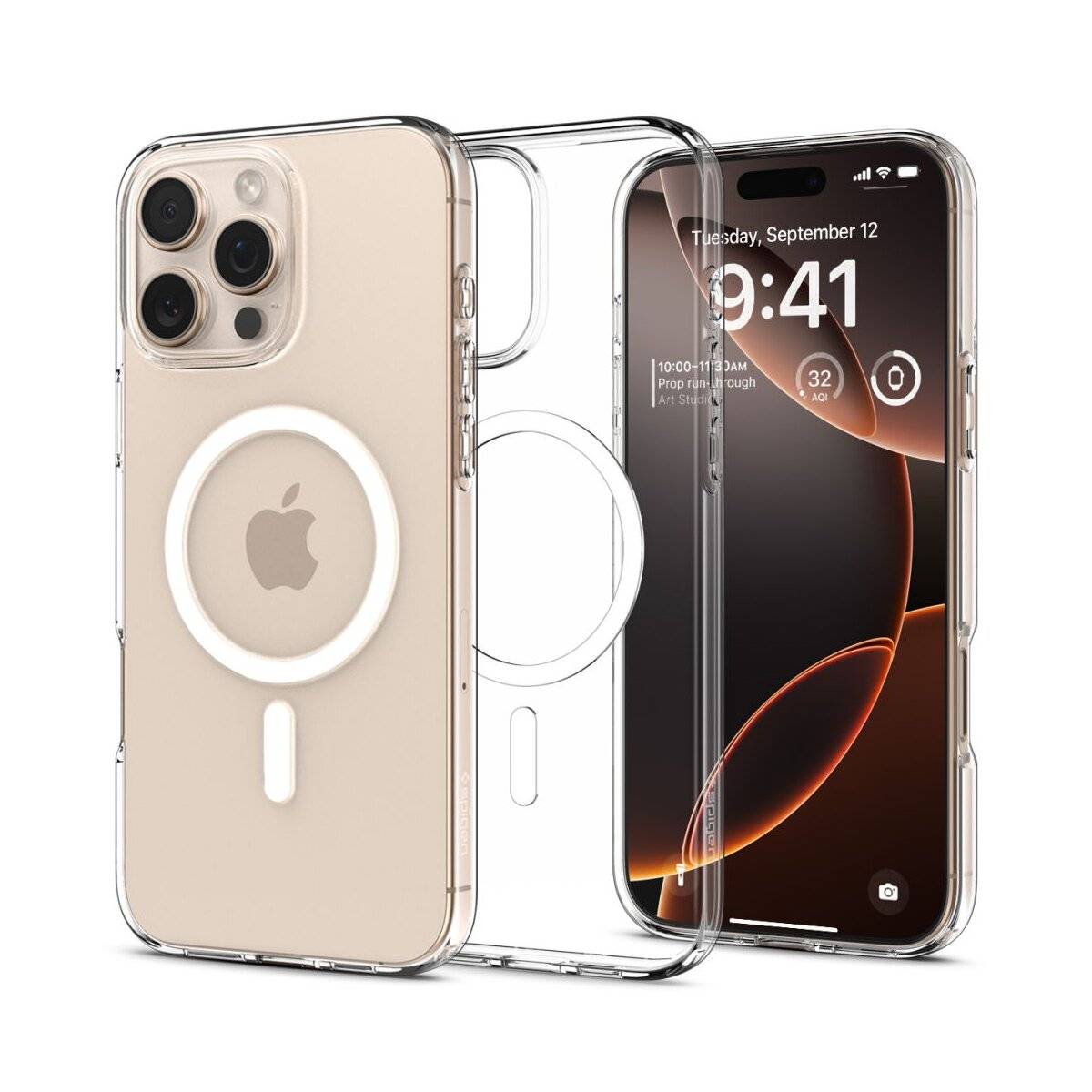 Zwei Telefone mit transparenten Hüllen; das vordere Display zeigt die Zeit „9:41