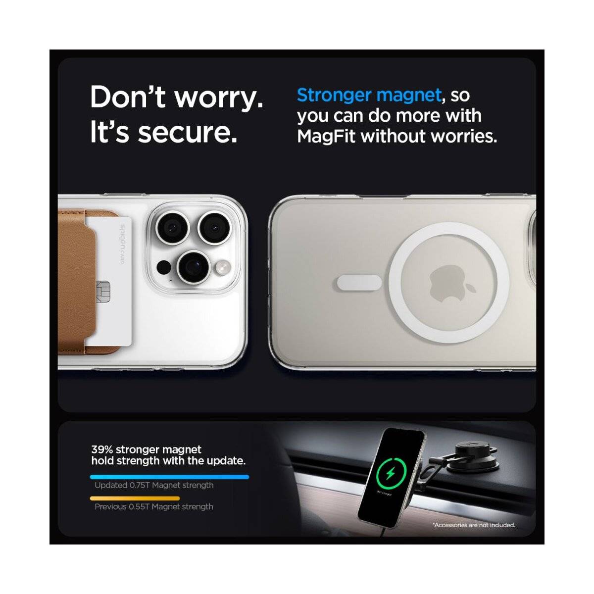iPhone mit MagFit-Zubehör, das verbesserte Magnetkraft für sichere Befestigung zeigt. Der Text hebt die verbesserte Halterung und sichere Positionierung hervor.