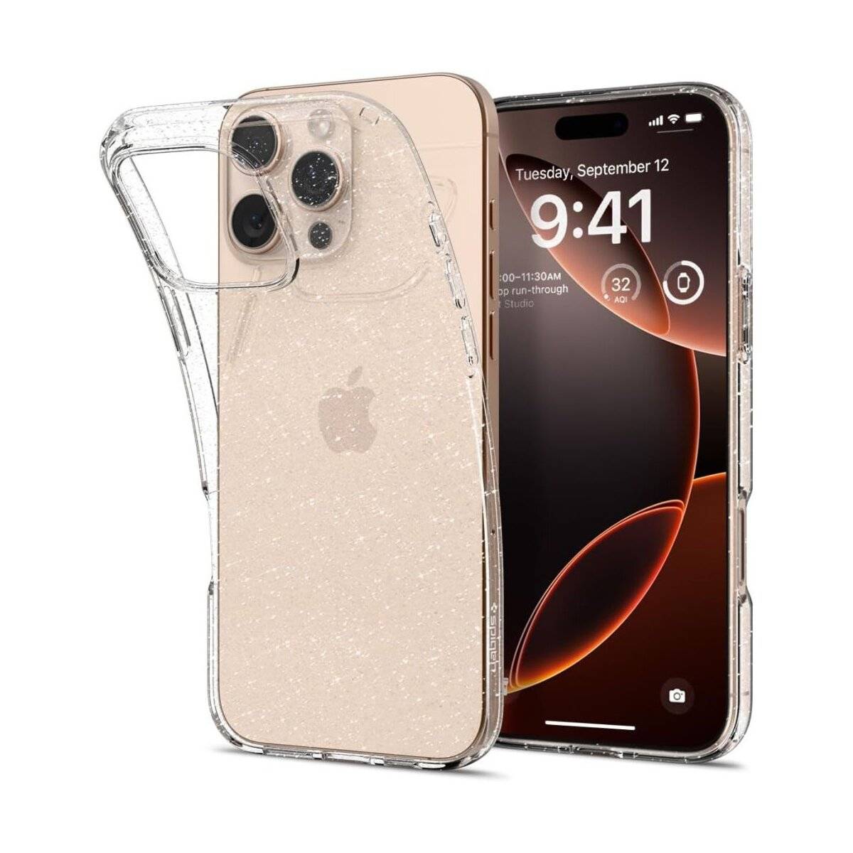 Zwei iPhones, eines zeigt eine Uhr, die 9:41 Uhr am Dienstag, 12. September anzeigt, und das andere zeigt ein Apple-Logo auf der Rückseite. Beide sind in durchsichtigen Schutzhüllen.