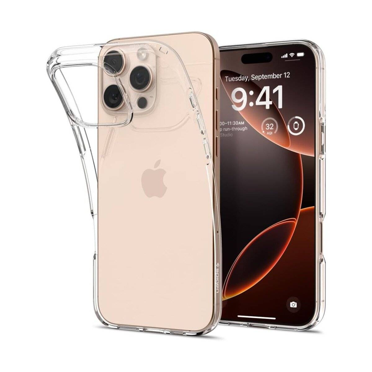 Durchsichtige Handyhülle auf einem Smartphone, die sein Frontdisplay mit dem Datum „Dienstag, 12. September