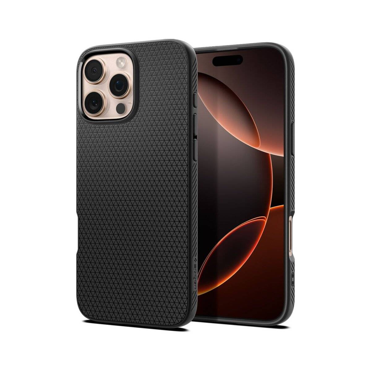 Ein schlankes schwarzes Smartphone mit einer strukturierten Hülle neben einem identischen Telefon, das einen dunklen Bildschirm mit einem geometrischen abstrakten Design zeigt.