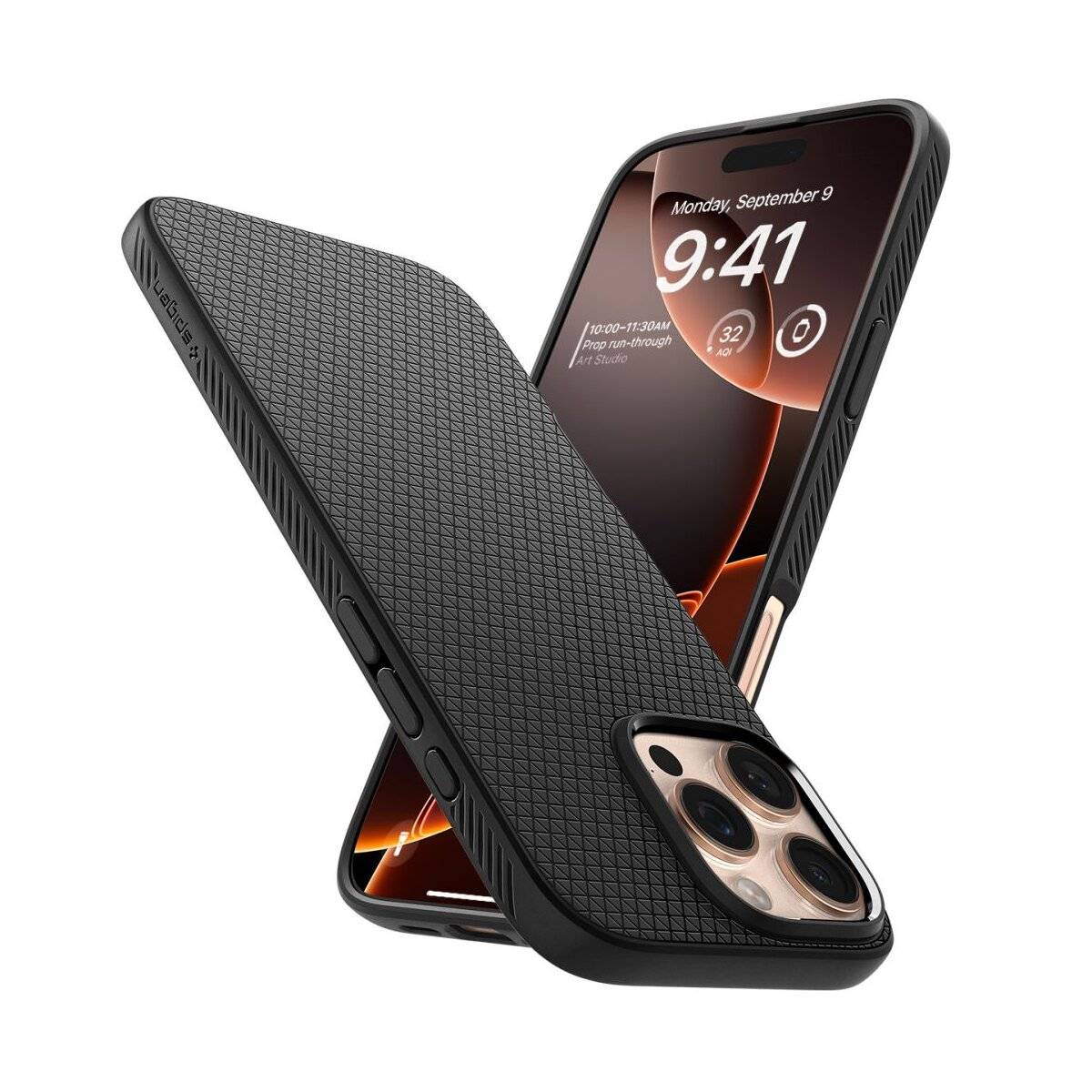 Ein robustes schwarzes Handyhüllengehäuse mit strukturiertem Griff wird auf einem Smartphone angezeigt, das einen Sperrbildschirm mit dem Datum „Montag, 9. September