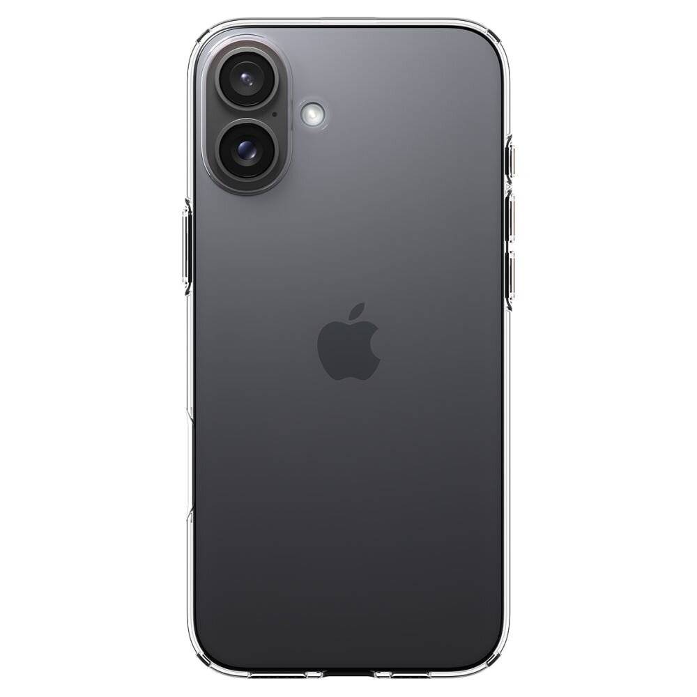 Ein Smartphone mit Doppelkameras und einem Apple-Logo auf der Rückseite, in einer durchsichtigen Schutzhülle eingehüllt.