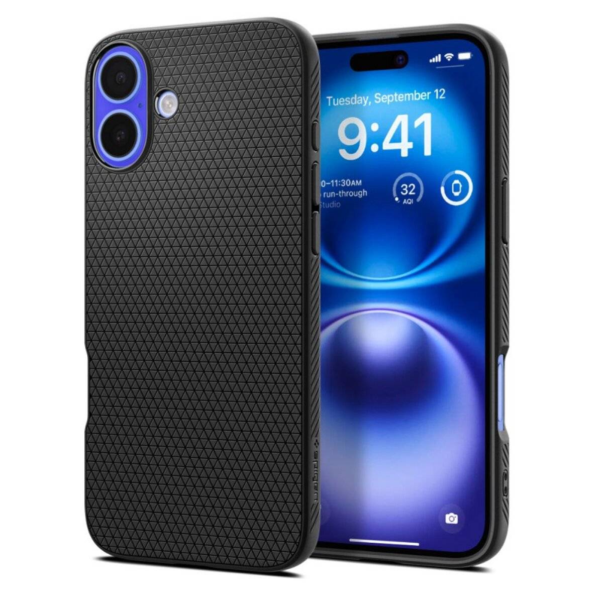Ein schwarzes strukturiertes Handyhülle neben einem Smartphone, auf dessen Sperrbildschirm die Uhrzeit 