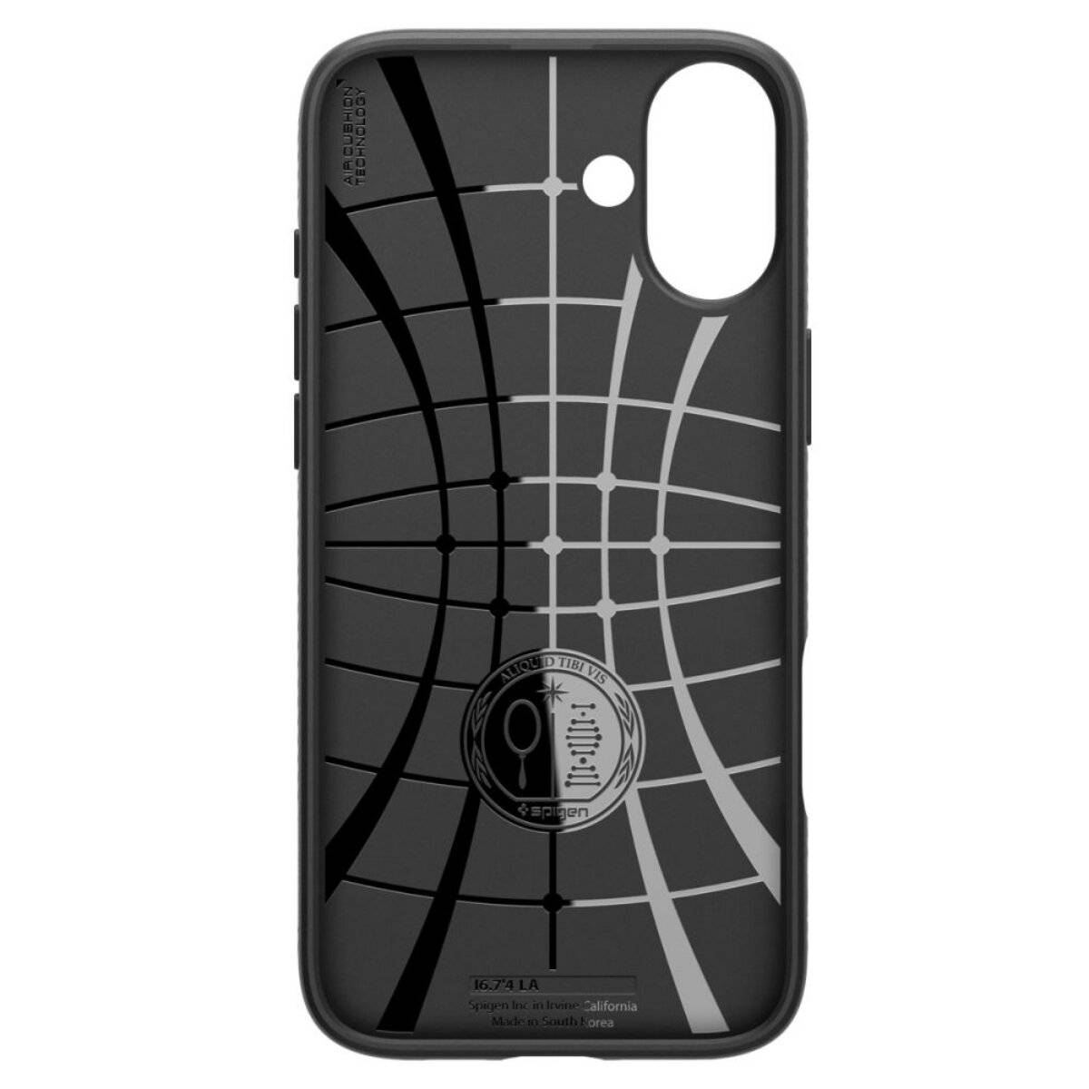 Eine Smartphone-Hülle in Schwarz und Grau mit einem geometrischen Muster aus sich kreuzenden Linien und Kreisen.