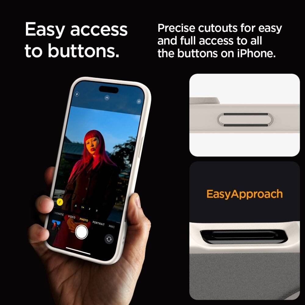„iPhone-Schutzhülle mit präzisen Aussparungen ermöglicht einfachen Zugriff auf alle Tasten. Das Bild zeigt die Hülle auf dem Telefon und hebt die Aussparungen hervor.