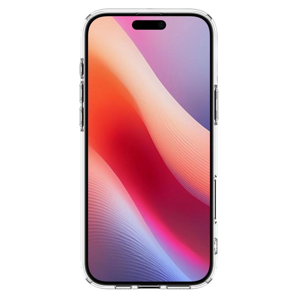 Elegantes Smartphone mit einem leuchtenden Rosa- und Orange-Farbverlauf auf dem Bildschirm, in einer transparenten Schutzhülle eingehüllt, vor einem einfachen Hintergrund.