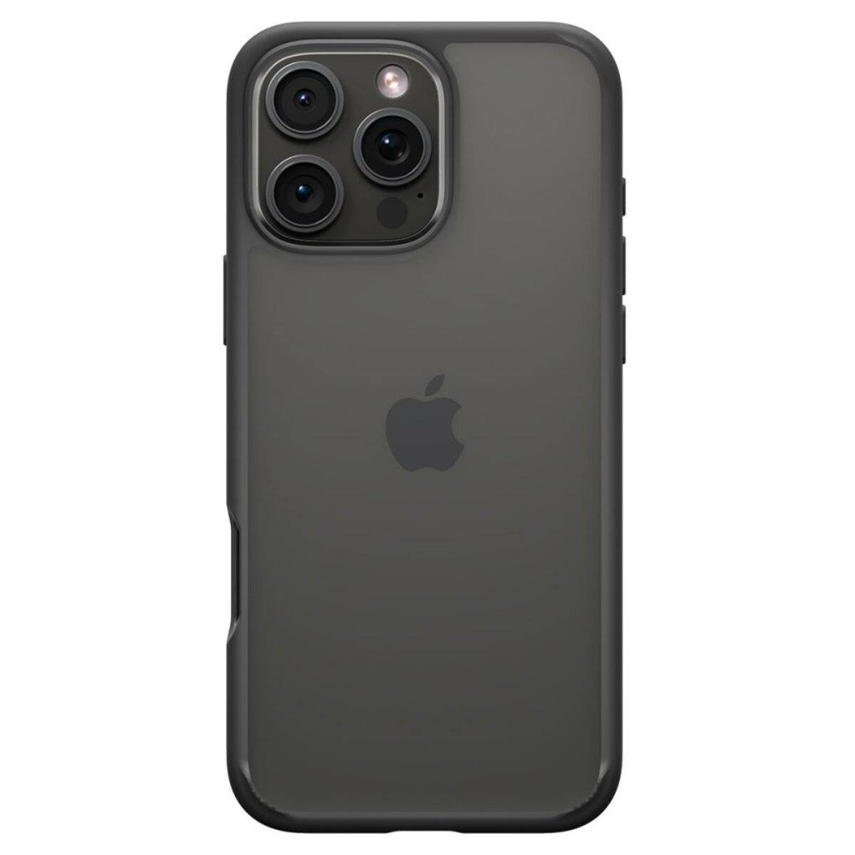 Ein Smartphone zeigt seine Rückseite mit einem Dreifach-Kamera-System und dem Apple-Logo in der Mitte auf einer dunklen, eleganten Handyhülle.