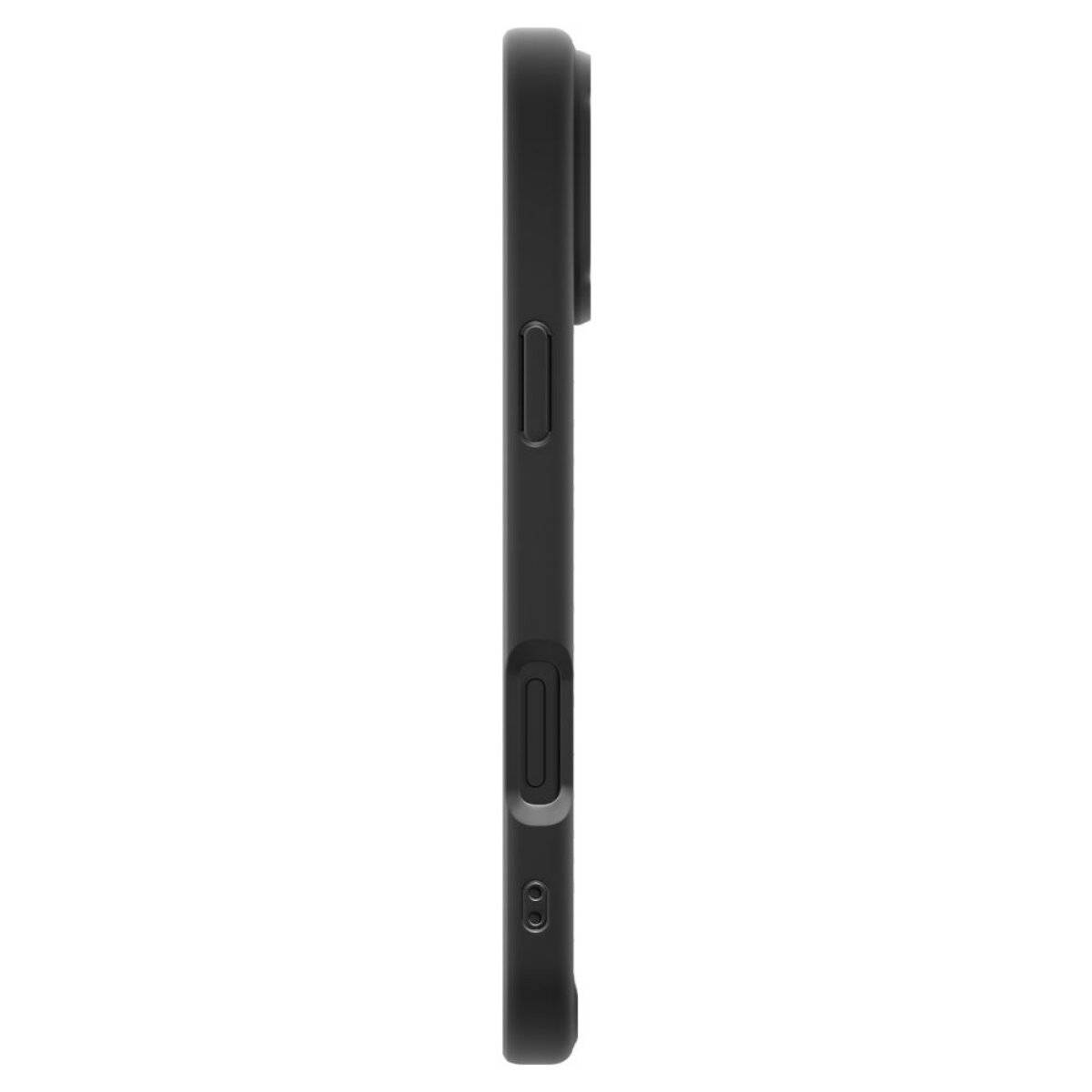 Seitenansicht eines schwarzen Smartphones mit Tasten an der Seite und Kamerawölbung auf der Rückseite.
