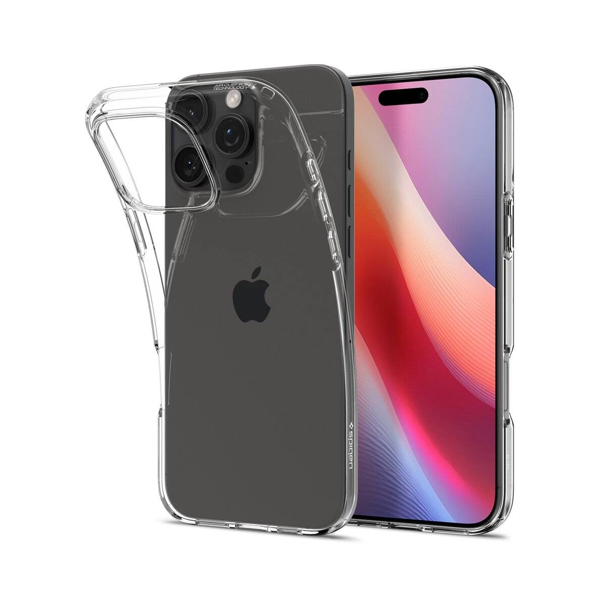 Ein schwarzes Smartphone mit farbenfrohem Bildschirm wird mit einer transparenten Schutzhülle daneben gezeigt.