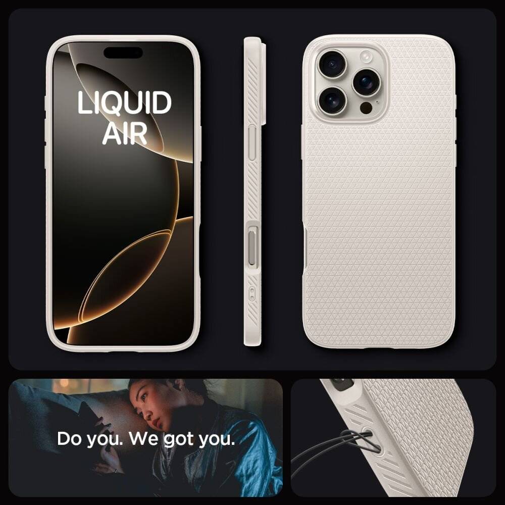 Das Bild zeigt ein Smartphone mit einer Schutzhülle auf schwarzem Hintergrund. Das Telefon zeigt „LIQUID AIR
