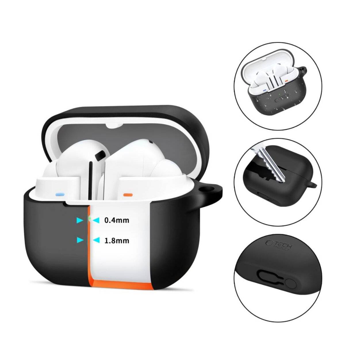 Schwarzes und weißes Earbud-Etui mit zwei Ohrhörern im Inneren. Ausschnitte zeigen Innendetails und Vergleich der Gehäusestärke von 0,4 mm und 1,8 mm.