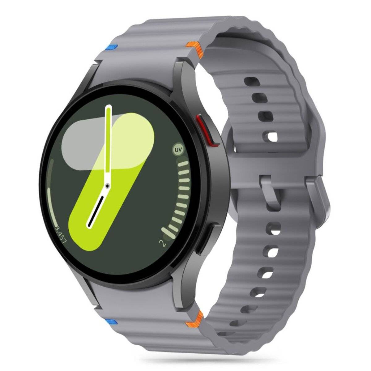 Eine Smartwatch mit grauem Armband und rundem Zifferblatt zeigt ein leuchtend gelbes und grünes Zifferblatt mit modernem, minimalistischem Design.