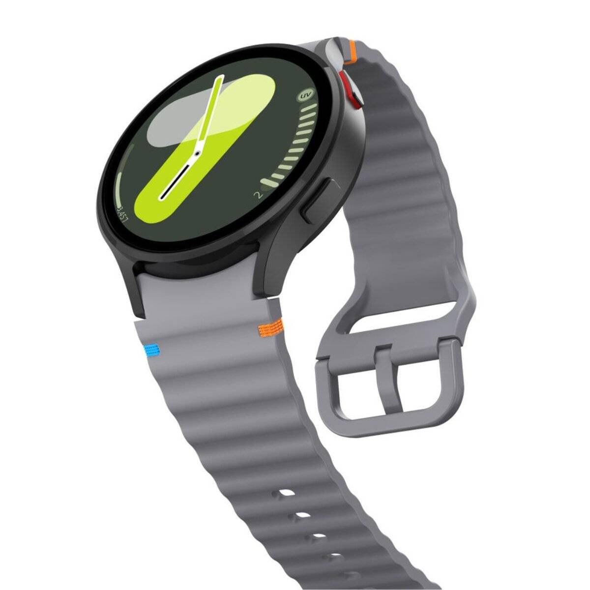 Eine Smartwatch mit rundem Zifferblatt und grauem Armband, auf deren Bildschirm ein Tennisschläger und ein gelber Ball angezeigt werden.