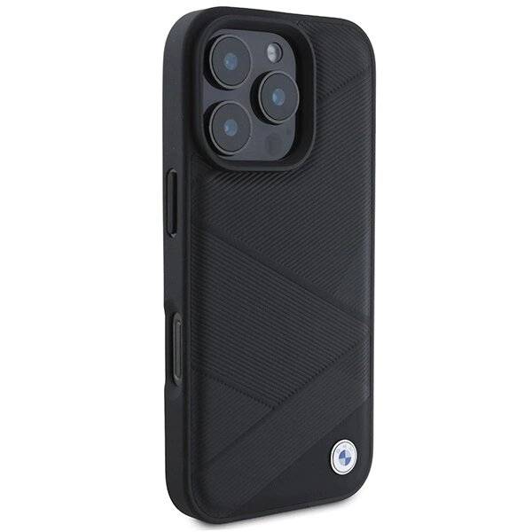 BMW Signature Lederhülle Crossing Lines Pattern iPhone 16 Pro – Schwarz