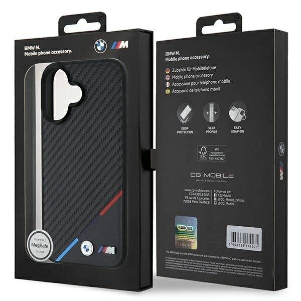 BMW Carbon Tricolor Line MagSafe Hülle iPhone 16 Plus – schwarz