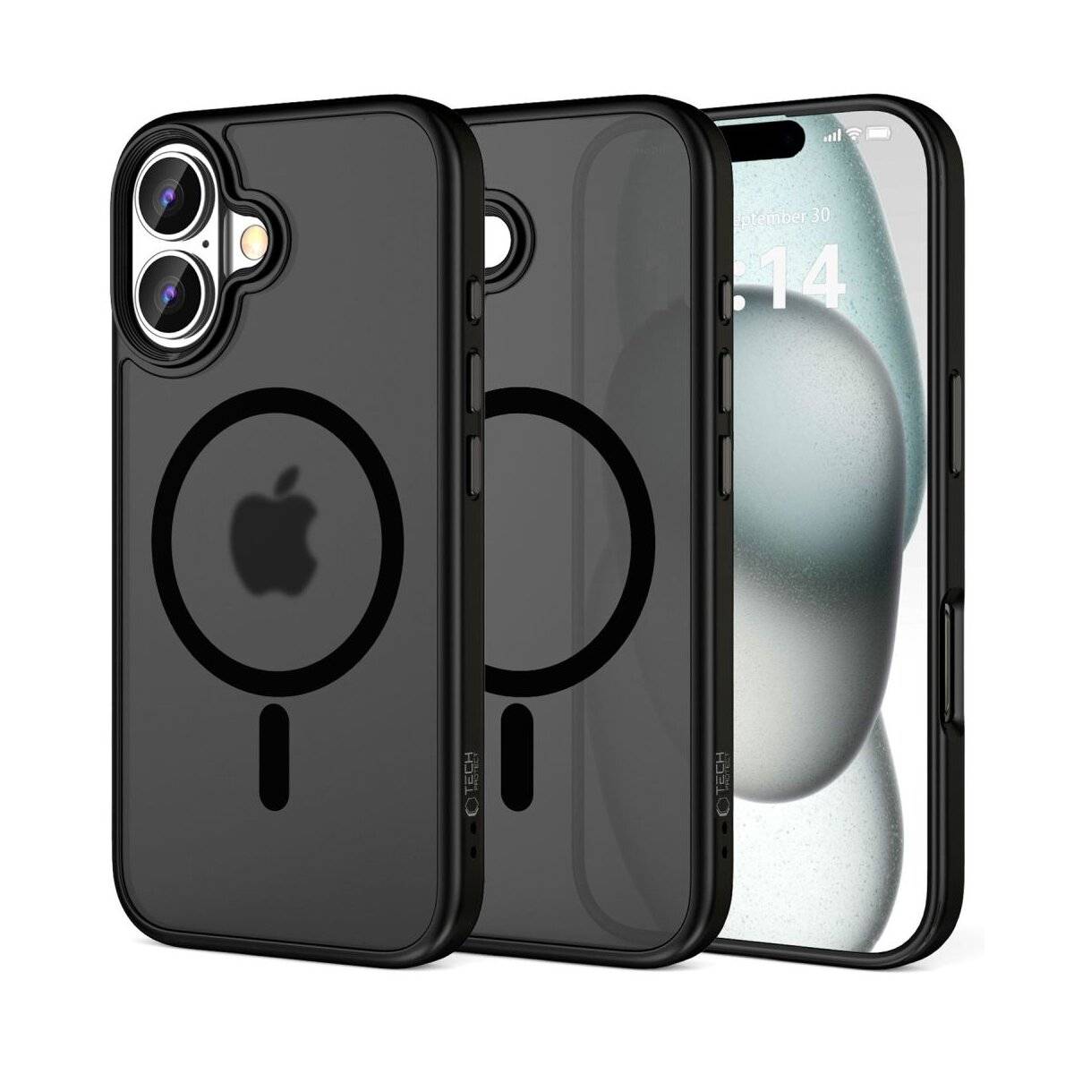 Zwei schwarze iPhone-Hüllen mit sichtbarem Magnetring, angezeigt auf einem iPhone mit generischem Sperrbildschirm.