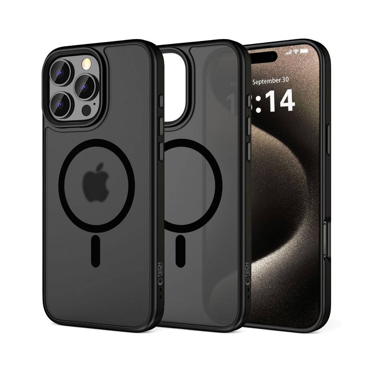 Zwei schwarze iPhone-Hüllen mit durchsichtigen Rückseiten und einem kreisförmigen magnetischen Ausrichtungssymbol werden aufrecht auf iPhones angezeigt, die 13:14 Uhr, 30. September zeigen.