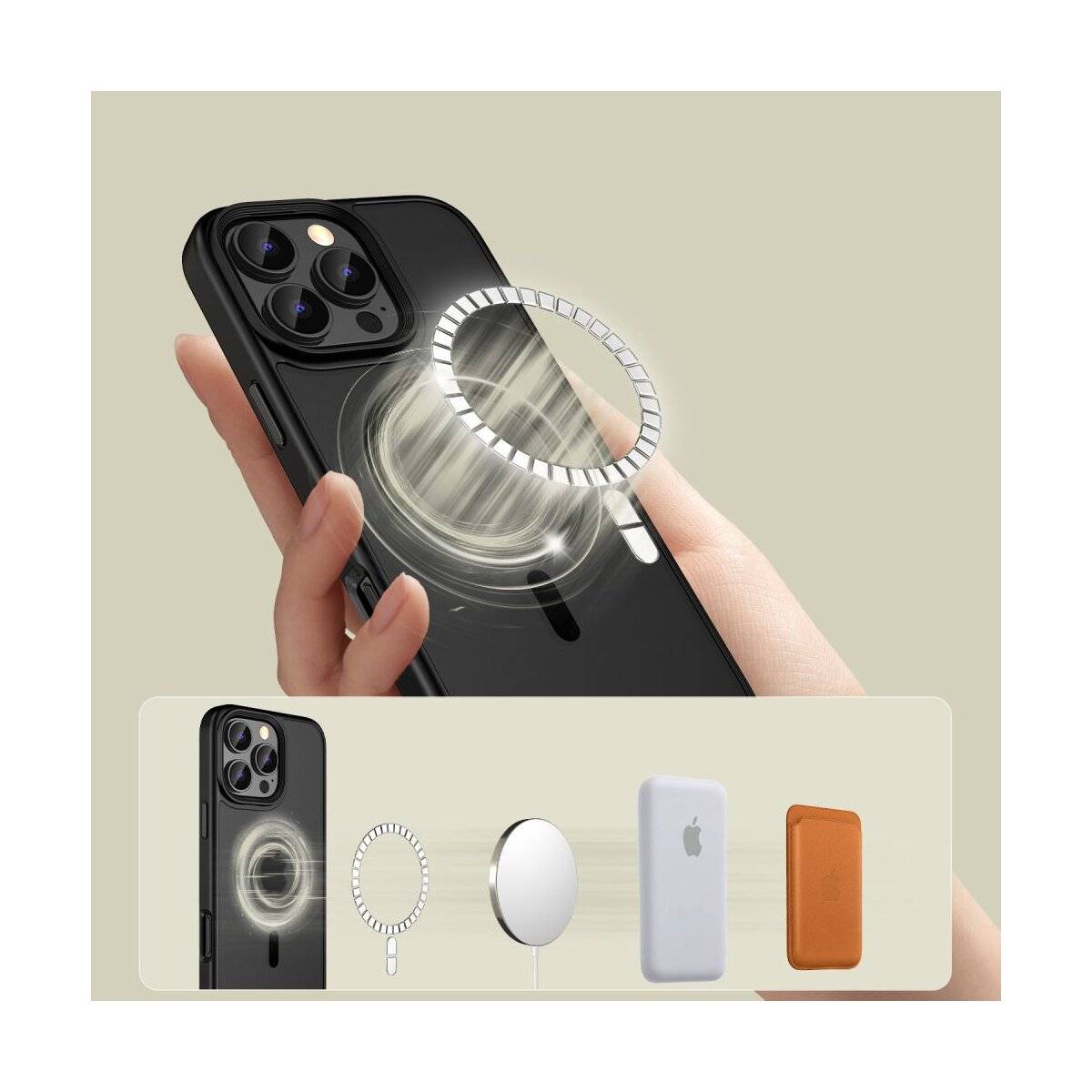 Hand, die ein schwarzes Smartphone mit sichtbarem magnetischem Ring für die Befestigung von Zubehör hält. Darunter werden Zubehörteile wie ein Ring, ein Ladegerät und ein Kartenhalter angezeigt.