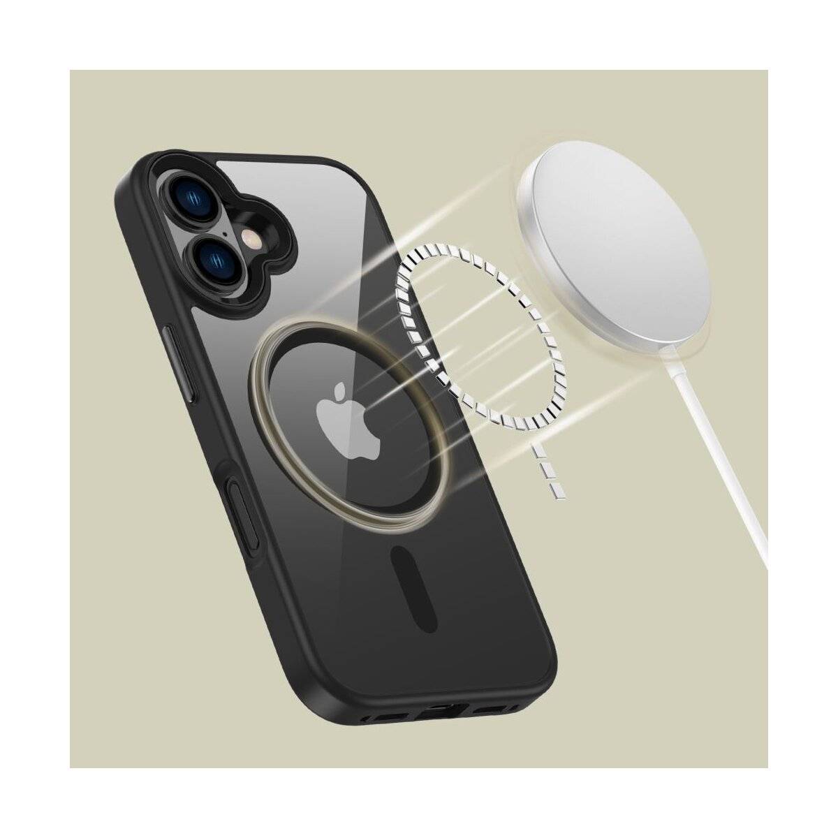 Eine Smartphone-Hülle mit einem sichtbaren Magnetring wird gezeigt, wie sie ein kabelloses Ladegerät anzieht, was ihre Kompatibilität mit MagSafe-Ladern veranschaulicht.