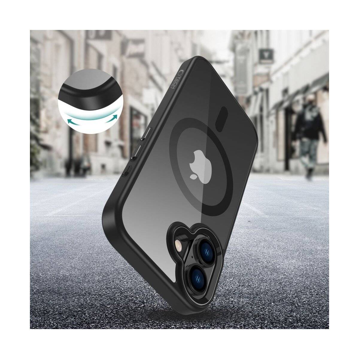 Ein Smartphone mit einem schwarzen Schutzhülle, mit einem kreisförmigen Design, wird vor einem Stadthintergrund gezeigt. Hebt das Eck-Design hervor.