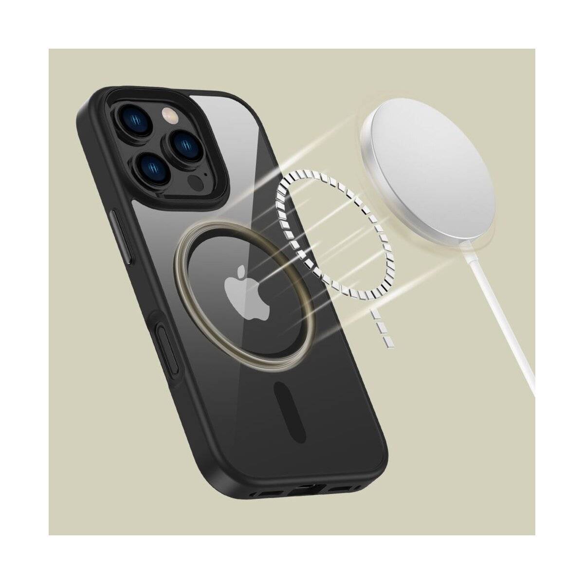 Ein Smartphone mit transparenter Schutzhülle, das die kabellose Ladefähigkeit mit magnetischer Ausrichtung unter Verwendung eines Ladepads demonstriert.