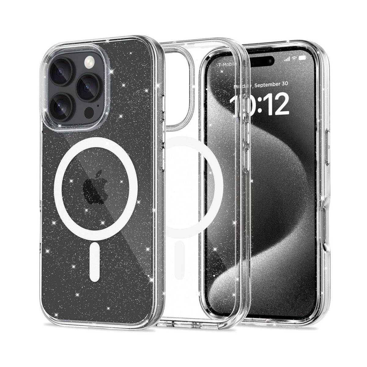 Durchsichtige iPhone-Schutzhülle mit MagSafe-Kompatibilität, mit glitzerndem Design. Zeigt Vorder- und Rückansicht des Telefons.