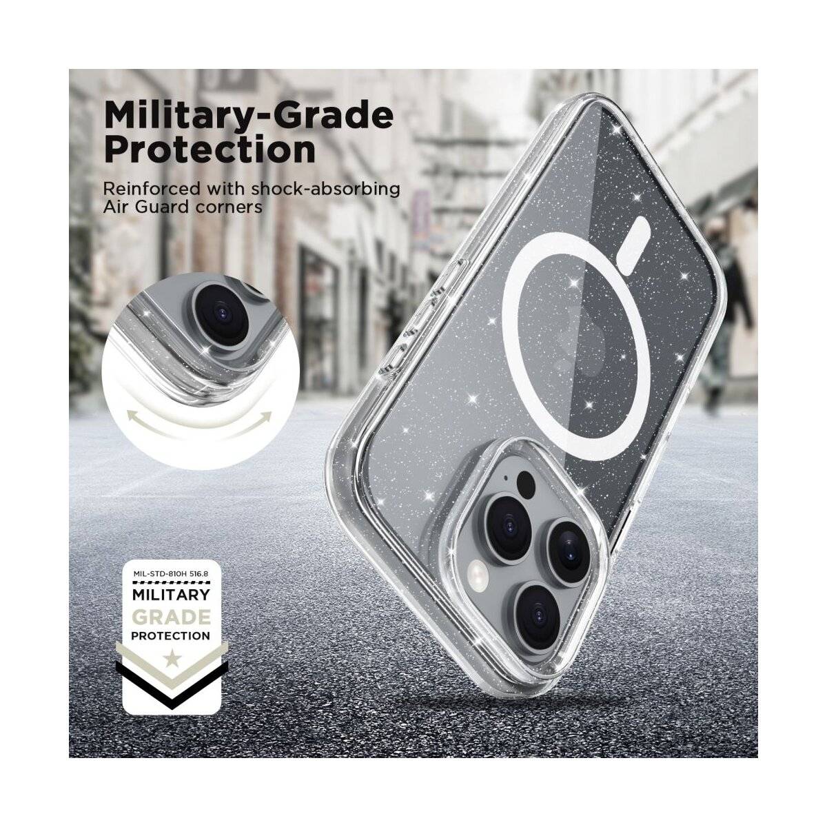 Durchsichtige Handyhülle mit dem Text „Military-Grade Protection