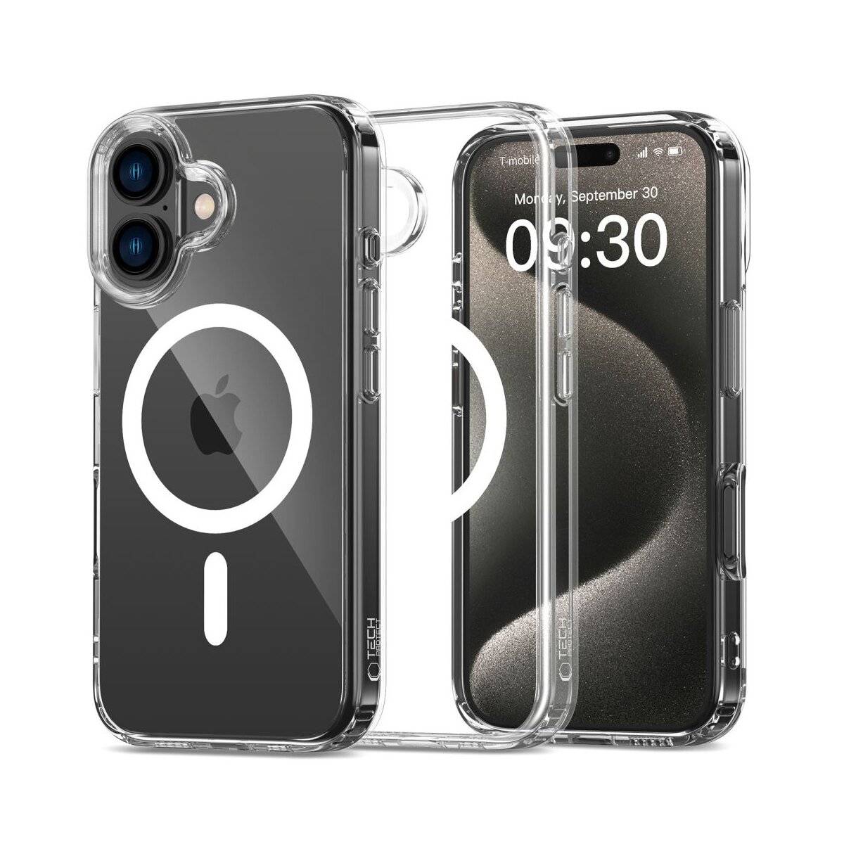 Transparente Handyhülle für ein Smartphone mit MagSafe-Kompatibilität, die ein kreisförmiges Design auf der Rückseite zeigt, neben einer Telefon-Display-Anzeige.