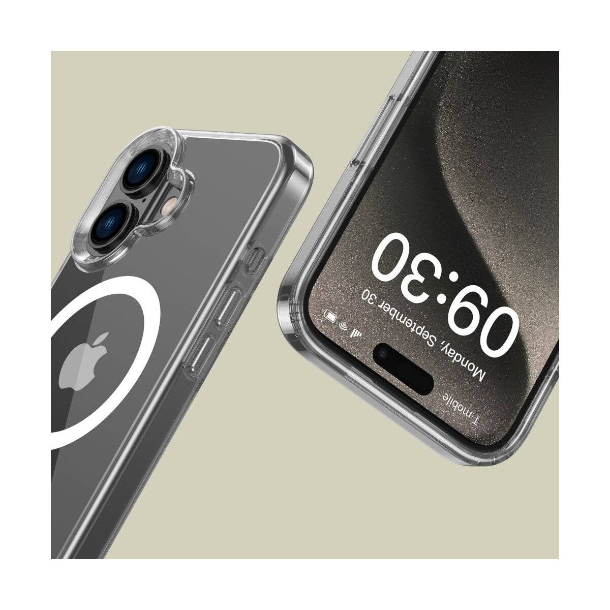 Zwei Smartphones in transparenten Schutzhüllen; eines zeigt die Rückseite mit Apple-Logo und kreisförmigem Design, das andere zeigt einen Sperrbildschirm mit der Uhrzeit '09:30'.
