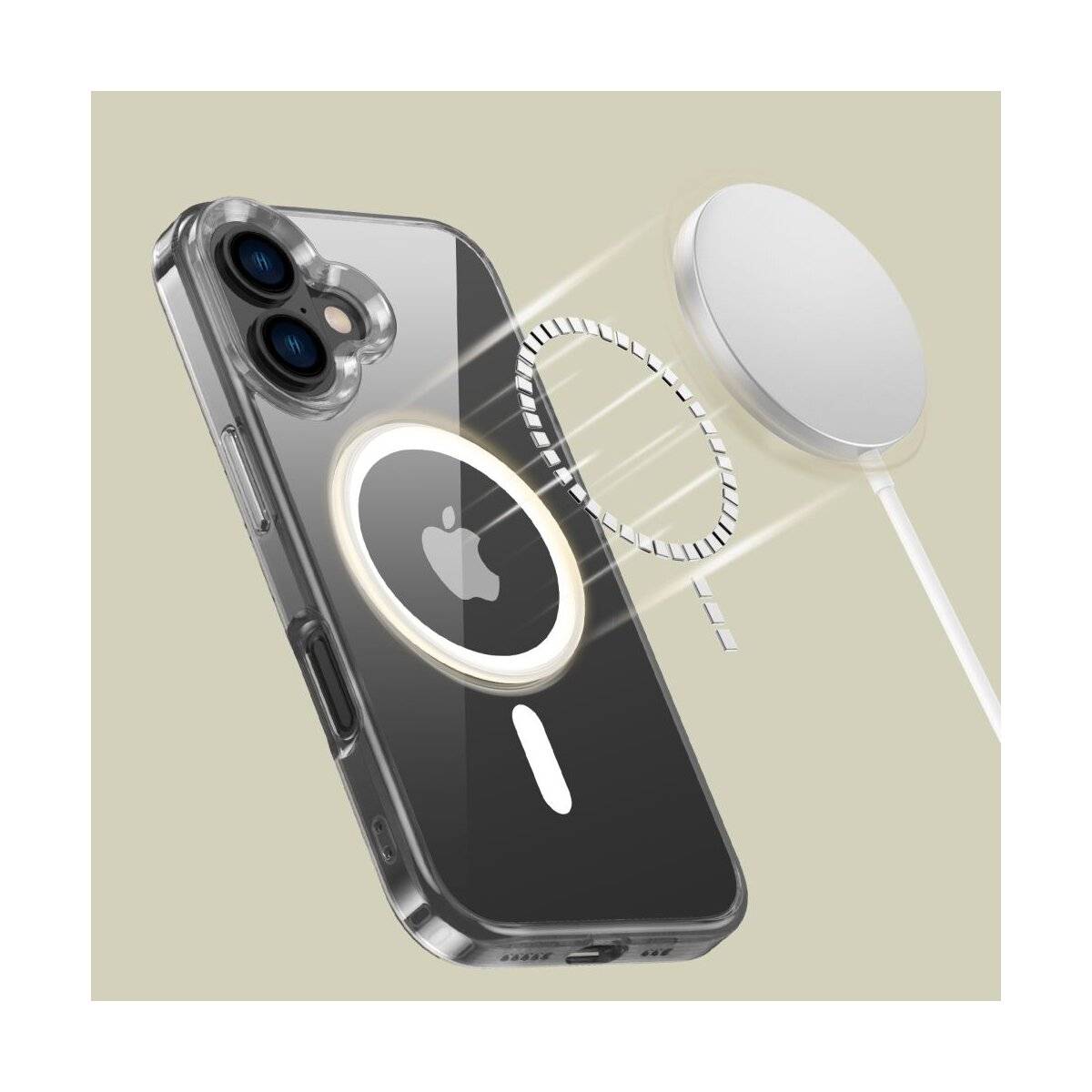 Ein transparentes Handyhülle mit magnetischem Ring und Ladeplattform, die ein MagSafe-kompatibles Design zur einfachen Befestigung und zum Laden zeigt.