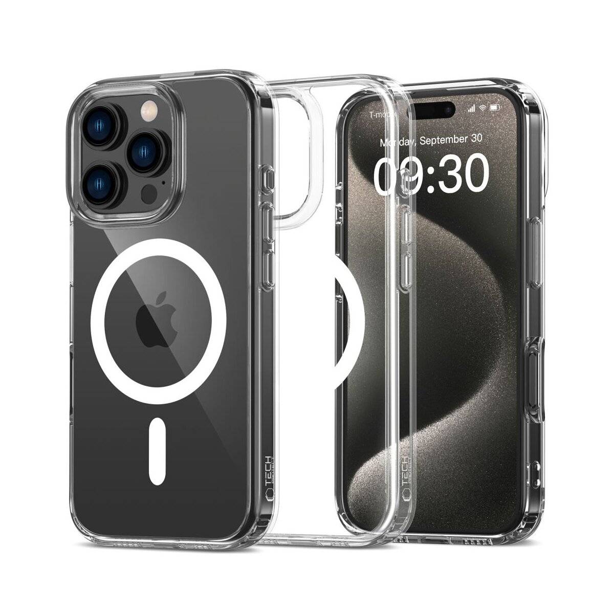 Drei transparente Handyhüllen für iPhone 14 mit sichtbaren MagSafe-Ringen. Die Hüllen zeigen Vorder-, Rück- und Seitenansichten mit klaren Details.