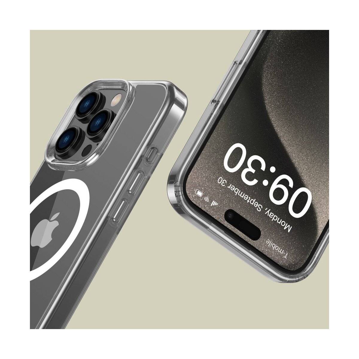 Zwei Smartphones mit durchsichtigen Hüllen zeigen: eines mit einer Uhrzeit von „9:30