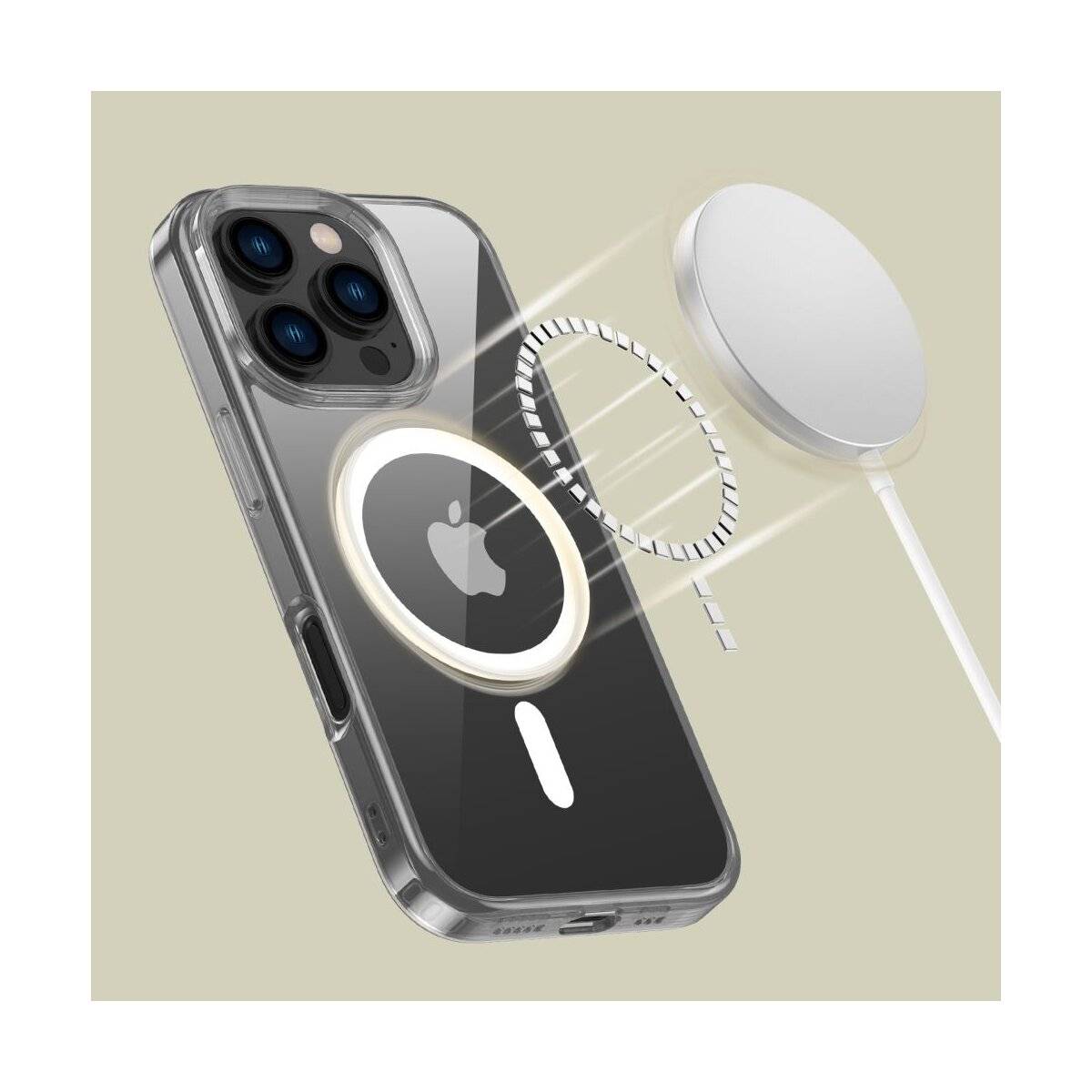 Ein Smartphone-Gehäuse mit magnetischen Ringen wird auf ein Ladegerät ausgerichtet und zeigt die Fähigkeit zum kabellosen Laden.