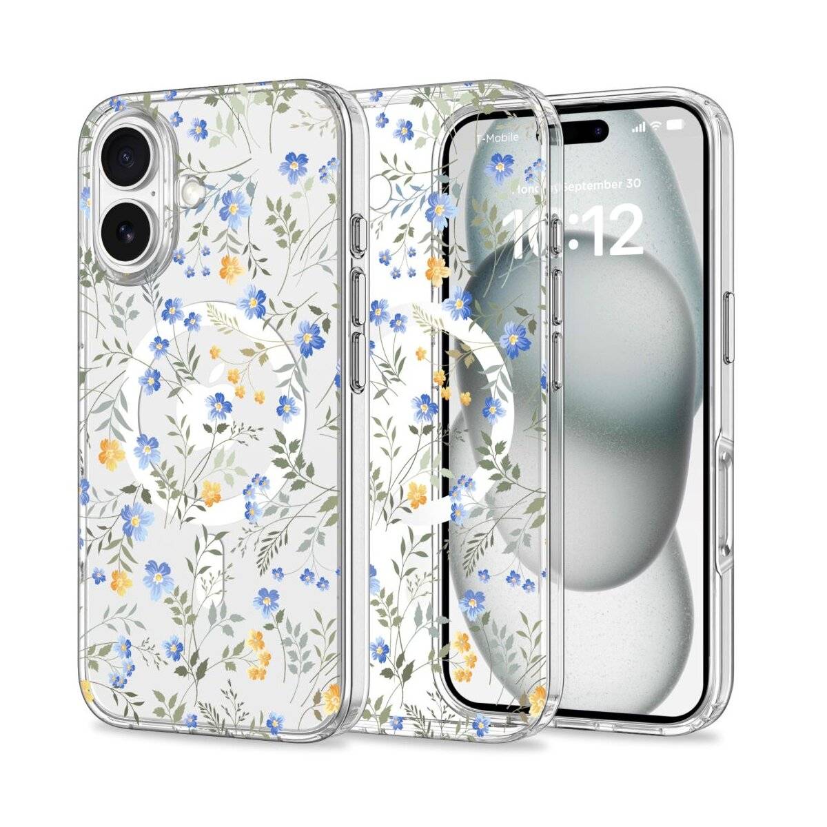 Transparente Handyhülle mit blauem und gelbem Blumenmuster, dargestellt auf iPhone mit Dualkamera.