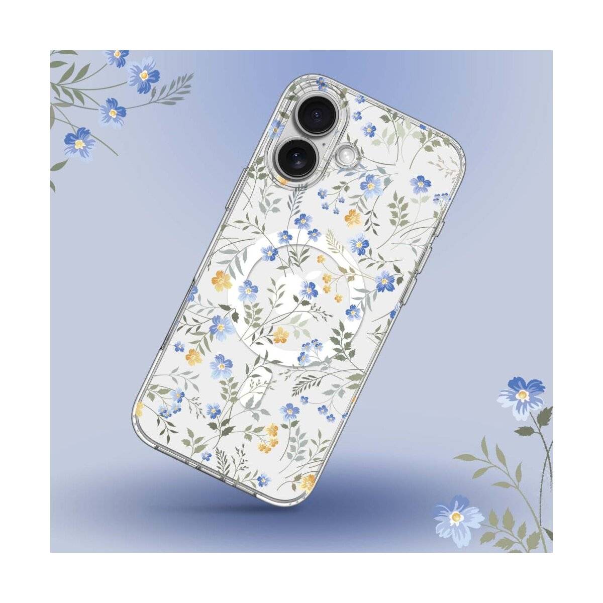Eine Handyhülle mit Blumenmuster, das blaue und gelbe Blüten vor einem hellblauen Hintergrund zeigt. Die Hülle ist für ein Smartphone konzipiert.