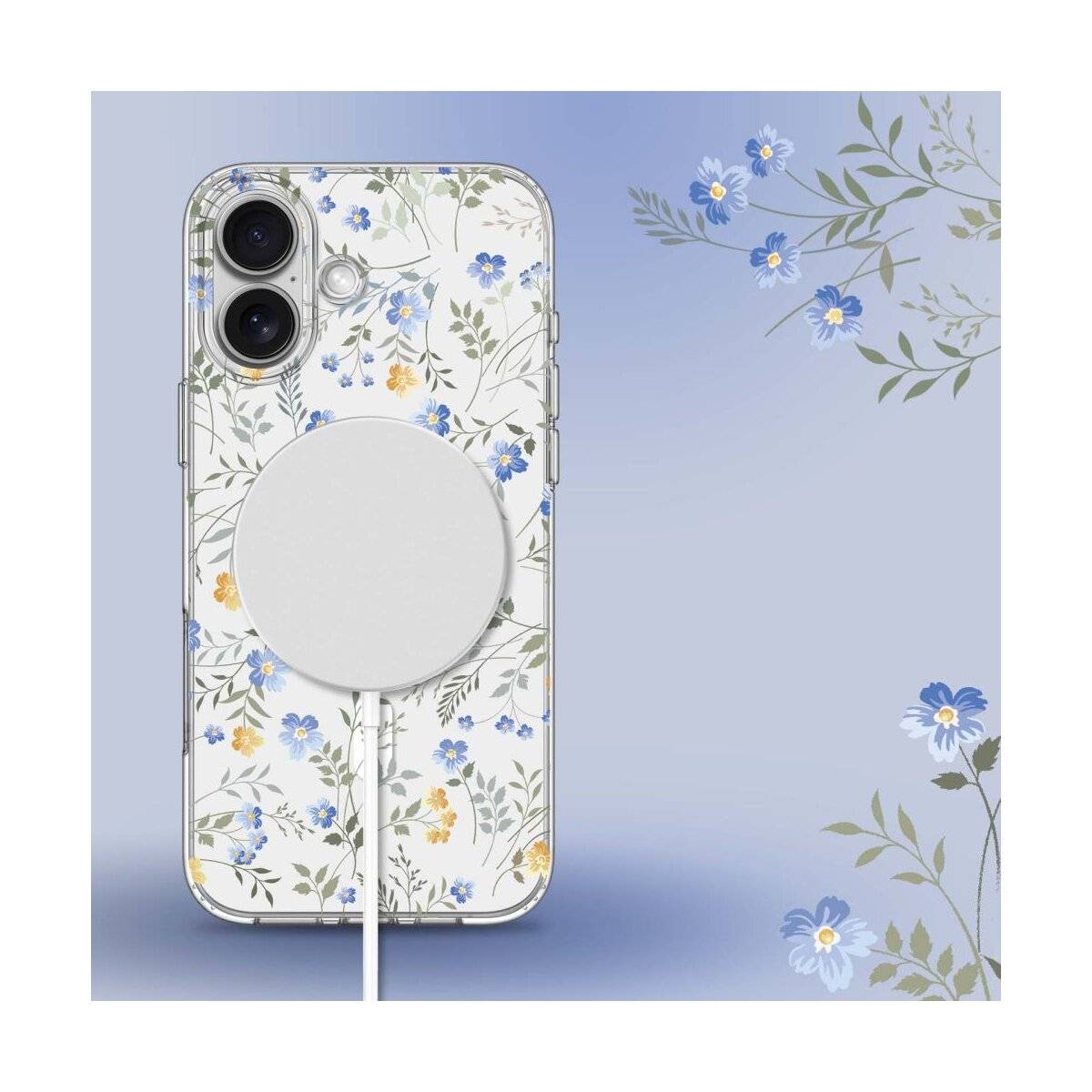 Ein Smartphone mit einem Gehäuse im Blumenmuster und einer kabellosen Ladestation vor einem Farbverlaufshintergrund mit blauen und gelben Blumen.