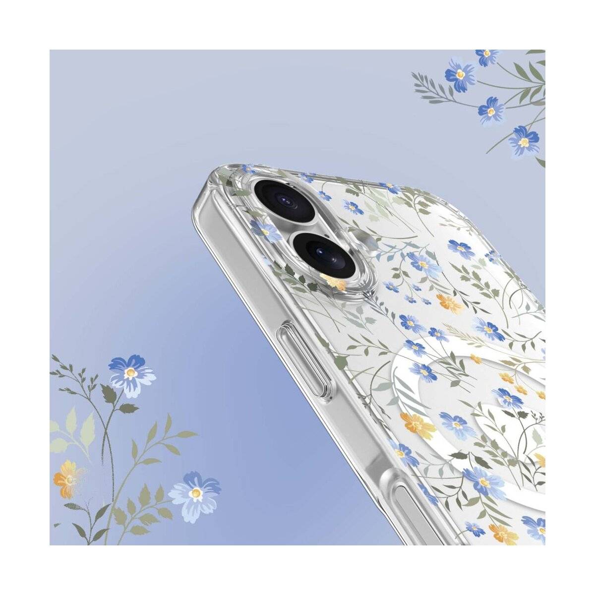 Eine transparente Handyhülle mit einem Blumenmuster, das blaue und gelbe Blüten zeigt, vor einem hellblauen Hintergrund mit ähnlichen Blumenmotiven.