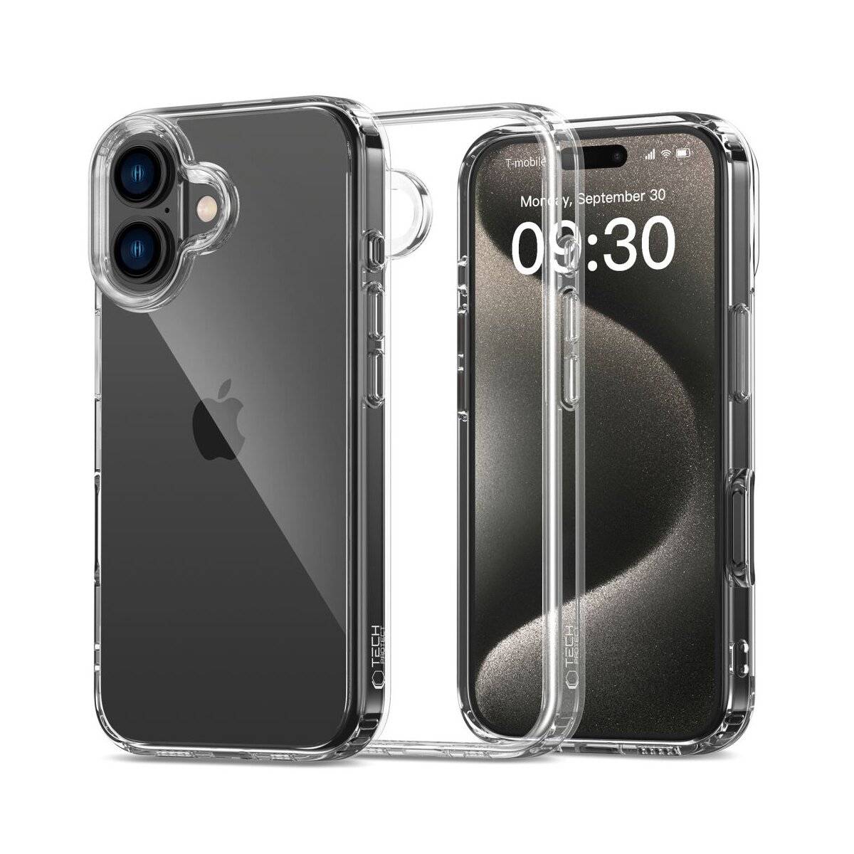 Zwei transparente Smartphone-Hüllen zeigen ein elegantes iPhone. Eine zeigt die Rückseite mit einem Apple-Logo, die andere zeigt den Frontbildschirm mit 