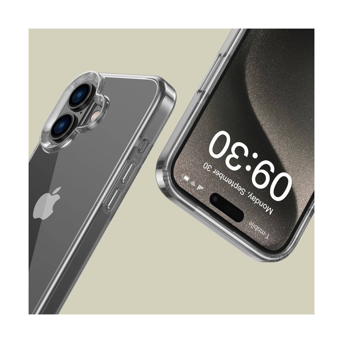 Zwei Smartphones mit transparenten Hüllen werden gezeigt. Das eine zeigt auf seinem Bildschirm 