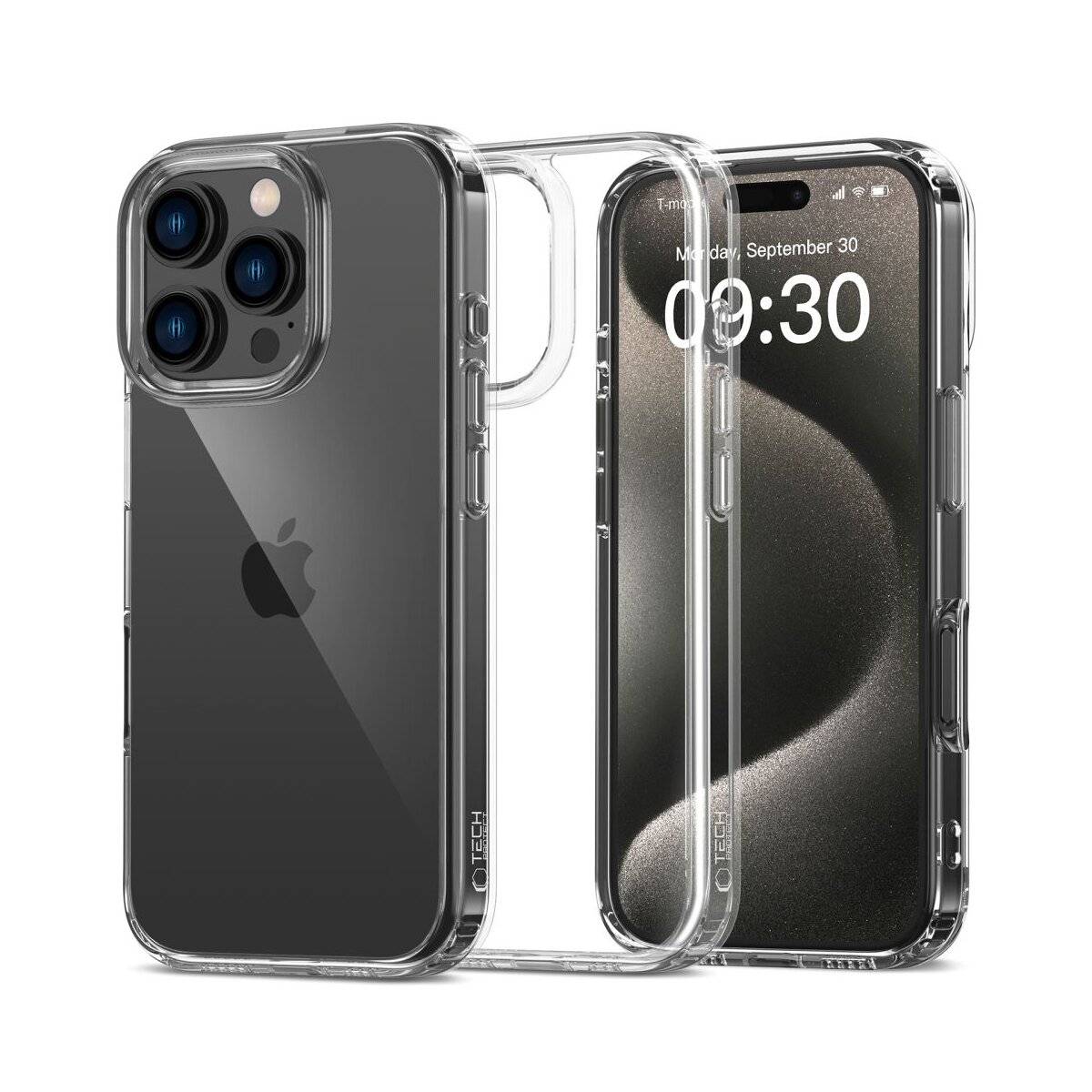 Ein Smartphone mit einem durchsichtigen Case, das Vorder- und Rückansichten zeigt. Der Bildschirm zeigt die Uhrzeit „09:30